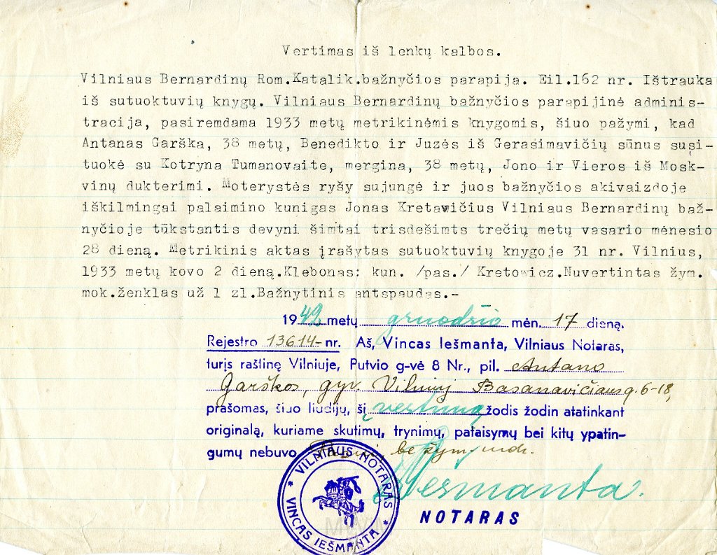 KKE 5726.jpg - (litewski) Dok. Metryka ślubu Antoniego i Katarzyny z Tumanów Graszko wydany przez kancelarie notarialną, Wilno, 17 XII 1942 r.